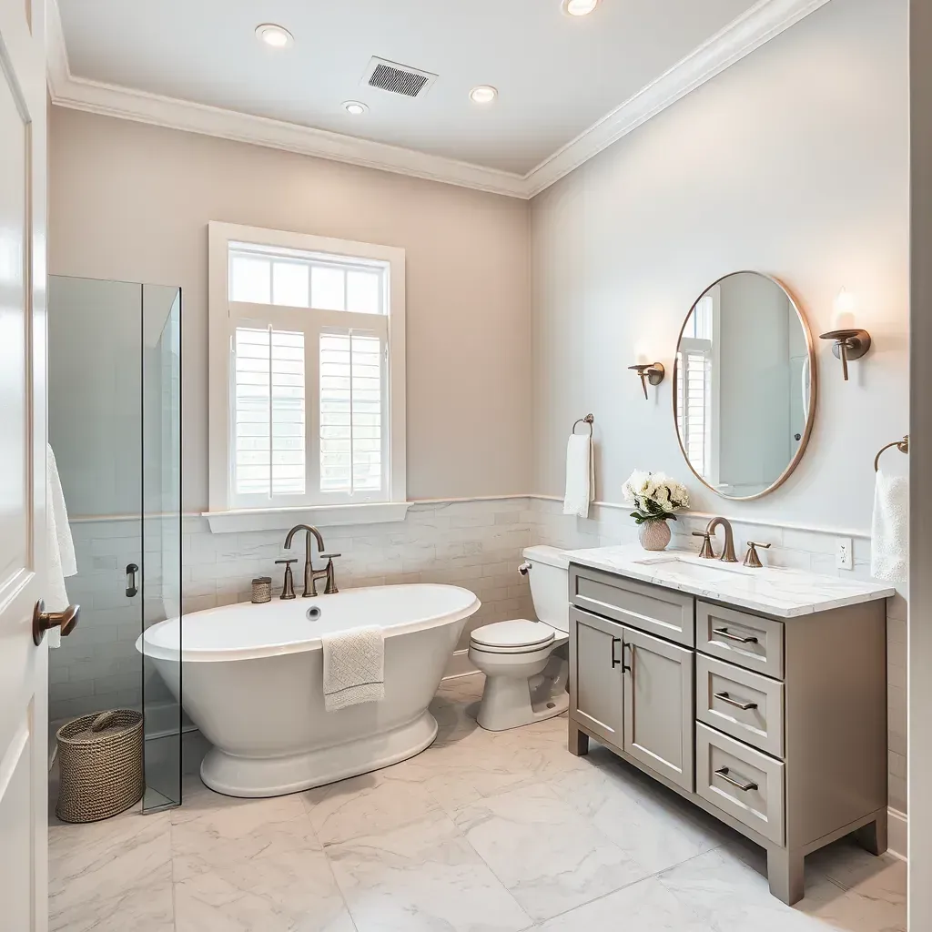 Modern bathroom remodel in Prosper, TX featuring a glass shower, marble counters, soaking tub, stylish tiling, and elegant fixtures.