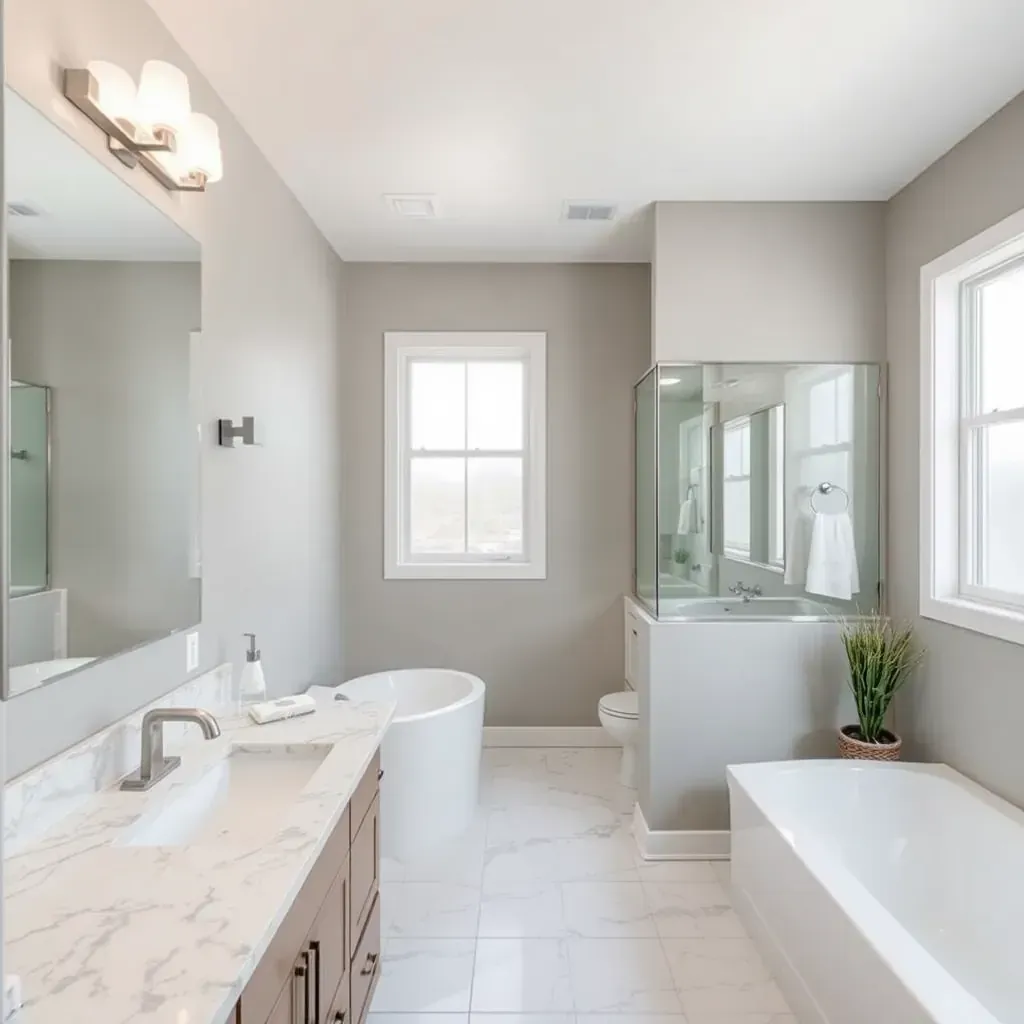 Beautiful bathroom remodeling scene in Argyle, TX with modern fixtures, elegant tiles, and natural lighting.