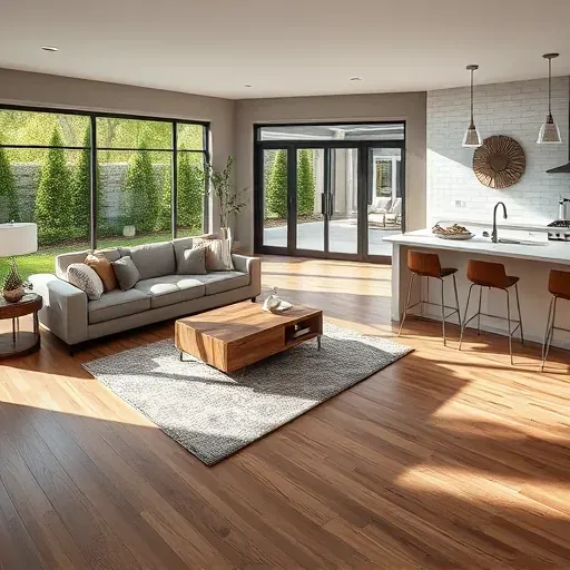 Modern living room remodeling in Allen TX featuring hardwood floors, sectional sofa, custom kitchen, and patio view.