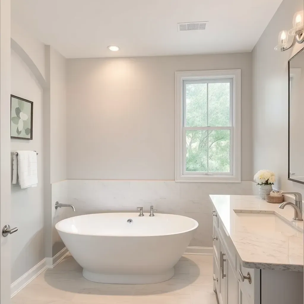 Modern Keller, TX bathroom with walk-in shower, dark wood vanity, vessel sinks, and natural stone-inspired tiles.