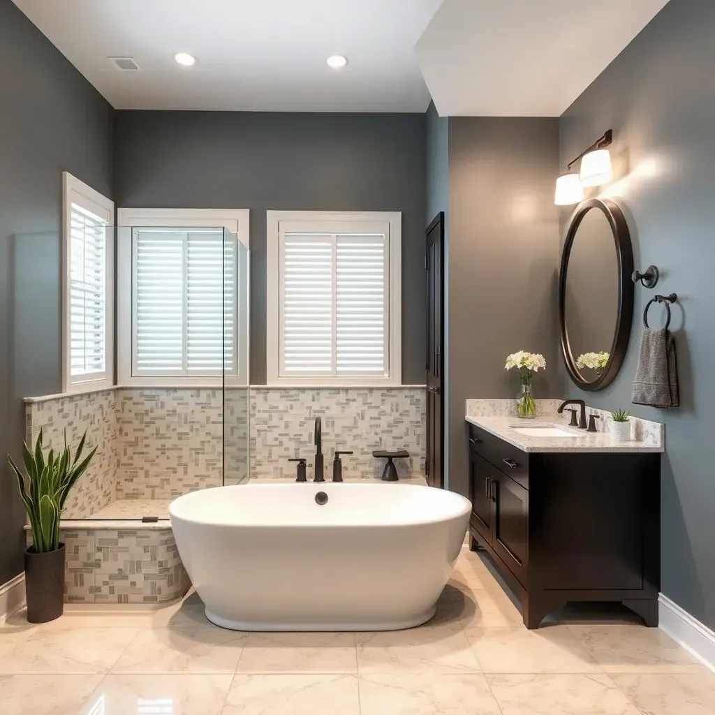 Modern bathroom in Addison, TX with walk-in shower, marble vanity, neutral tile, sleek fixtures, and natural light.