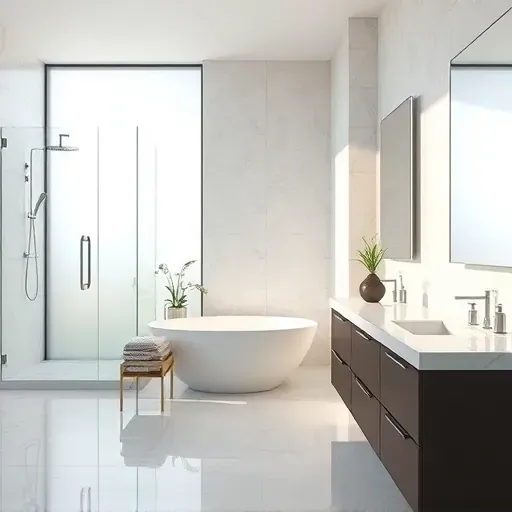 Remodeled Fort Worth bathroom with modern fixtures, marble countertops, glass shower, soaking tub, and soft natural light.