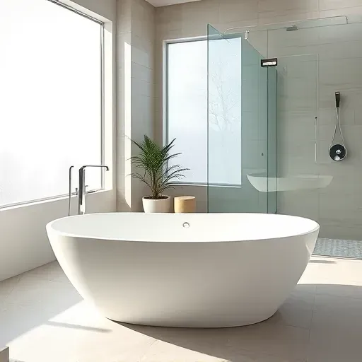 Modern white acrylic bathtub with chrome fixtures in a bright contemporary Arlington bathroom featuring frosted glass windows and elegant tiled walls