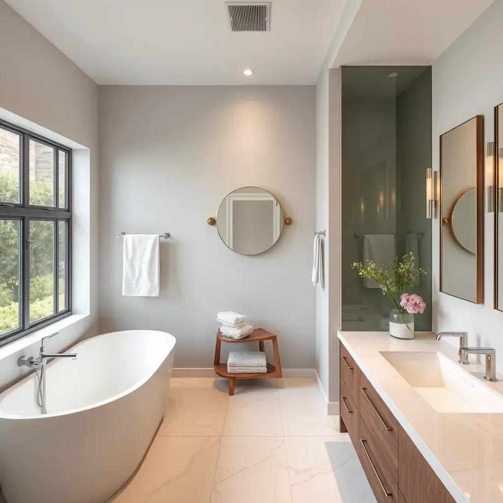 Modern Dallas bathroom with a walk-in shower, marble vanity, sleek fixtures, and city skyline view.