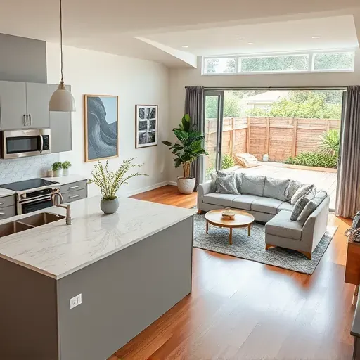 Modern kitchen remodel in Watauga TX featuring quartz countertops, stainless steel appliances, and hardwood floors.