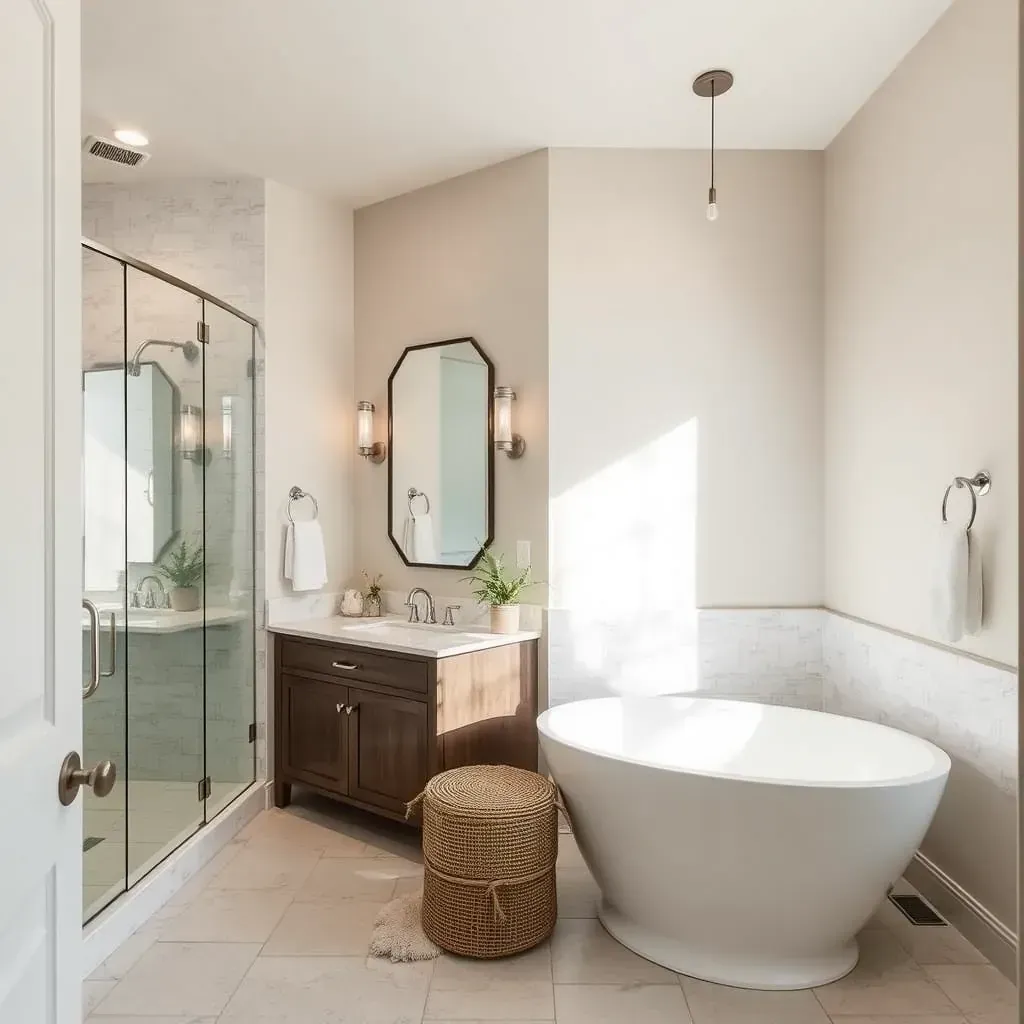 Modern bathroom remodel in Coppell, TX featuring a walk-in shower, quartz vanity, neutral tiles, and elegant fixtures.