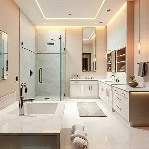 Completed modern bathroom in Burleson, TX with sleek fixtures, walk-in shower, soaking tub, marble countertops, and elegant decor.
