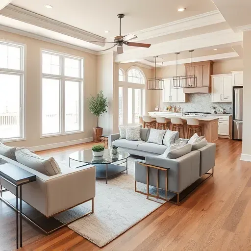 Modern living room in Carrollton, TX with natural wood floors, neutral furniture, and elegant decor showcasing design trends.
