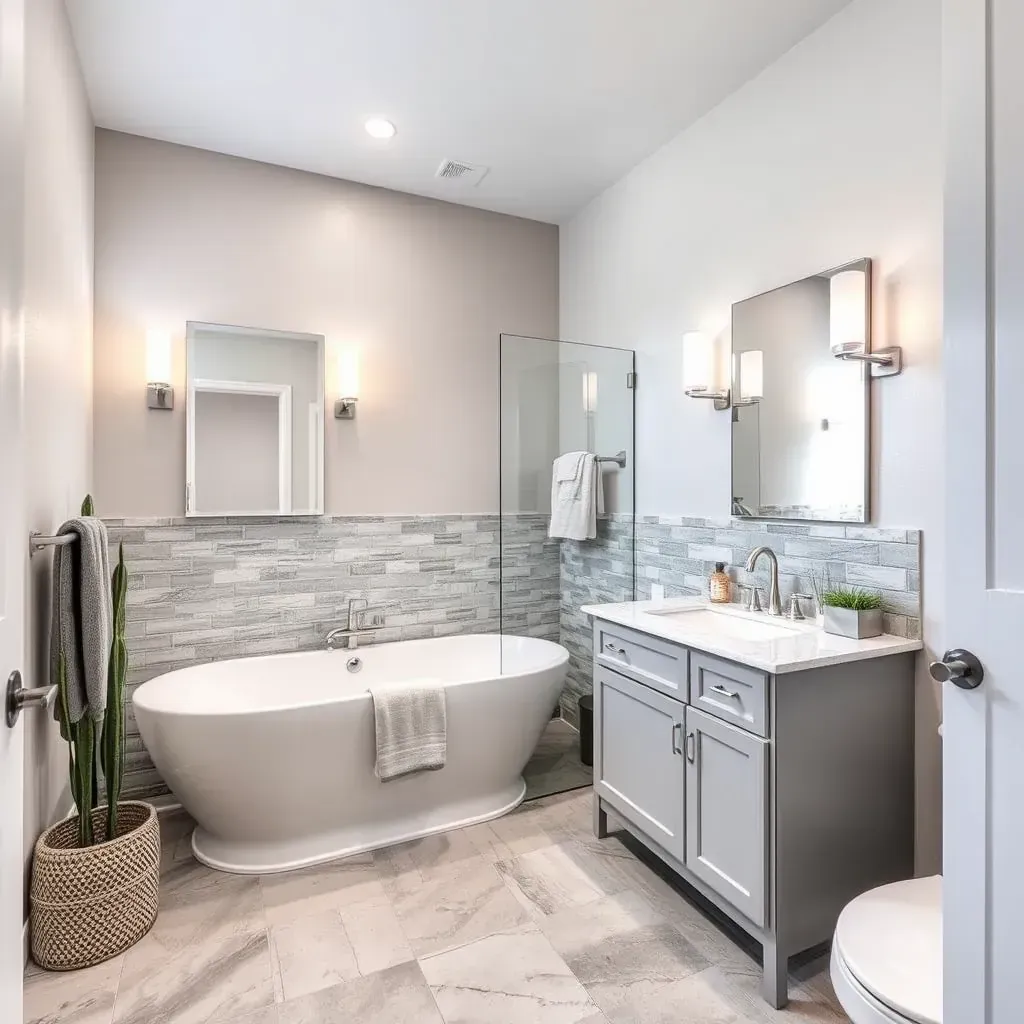 Modern Carrollton, TX bathroom with quartz countertops, walk-in shower, neutral walls, and sleek fixtures.