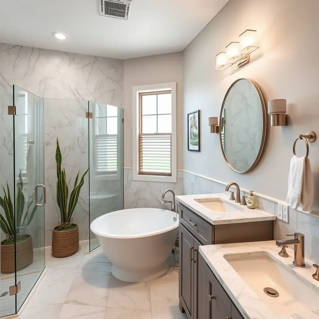 Modern bathroom remodel in Mansfield, TX with glass shower, quartz vanity, neutral tiles, and stylish lighting.
