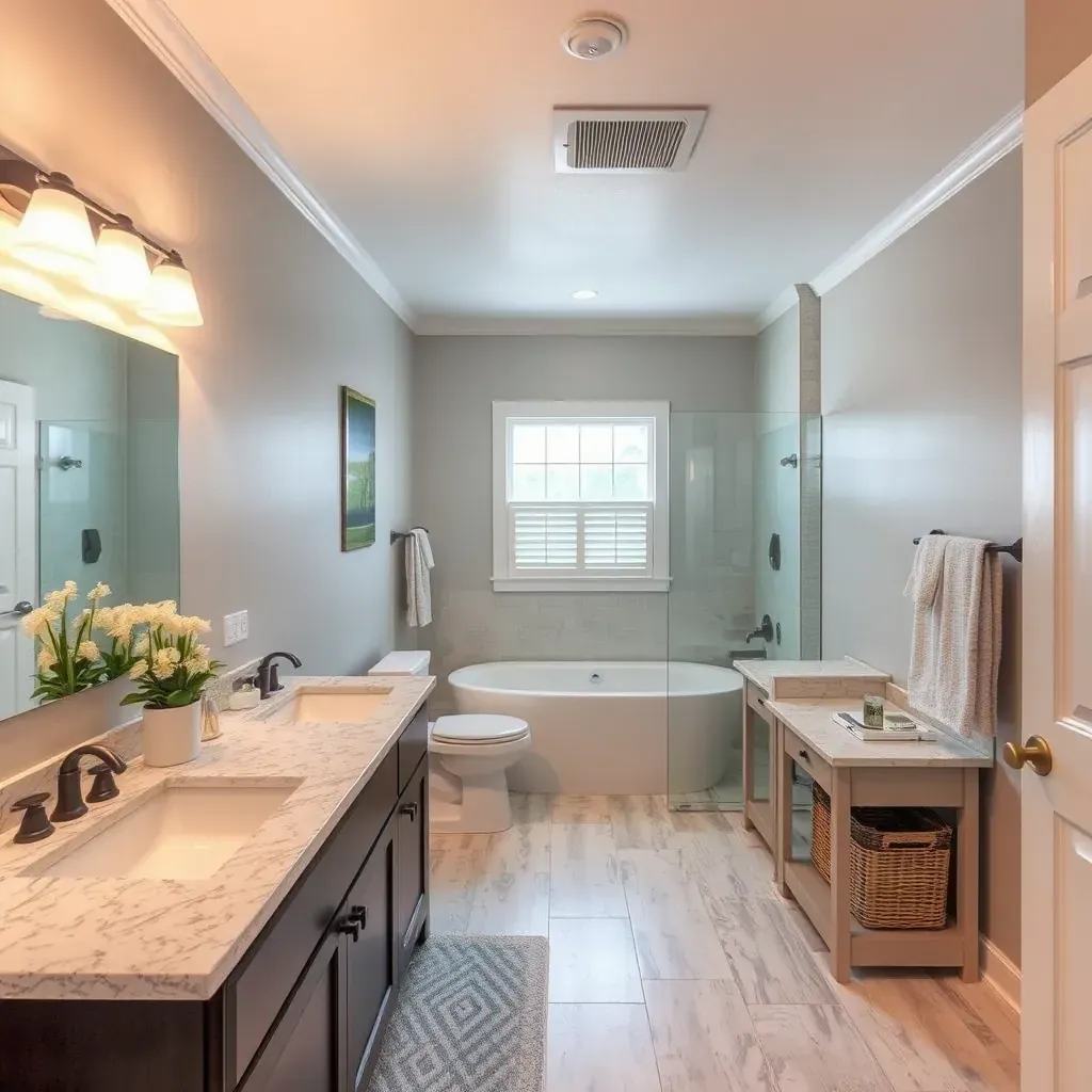 Modern Watauga, TX bathroom with sleek fixtures, marble vanity, glass shower, soaking tub, and stylish decor.