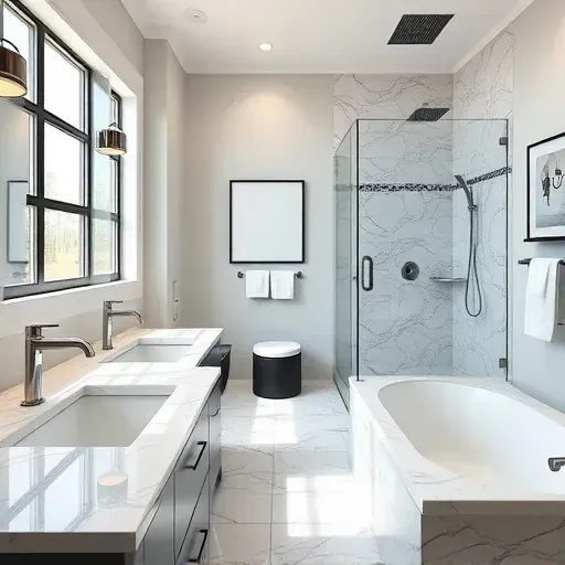 Modern renovated bathroom in Bedford, TX with sleek fixtures, marble countertops, walk-in shower, soaking tub, and elegant decor.
