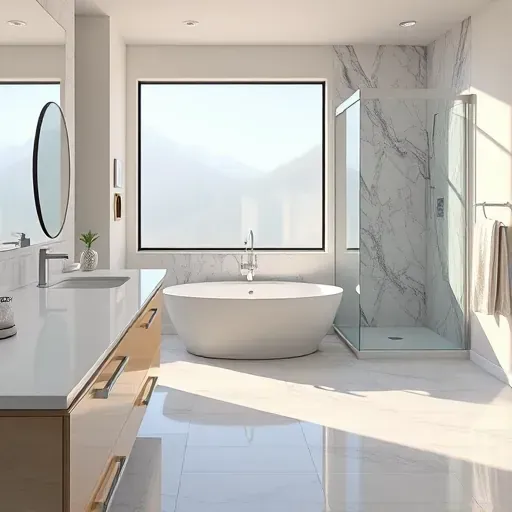 Remodeled Argyle Texas bathroom with marble countertops modern fixtures glass shower freestanding tub polished tiles and natural light