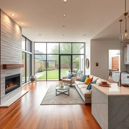 Modern Lewisville living room with sleek furniture, large windows, landscaped backyard, hardwood floors, and stylish decor.