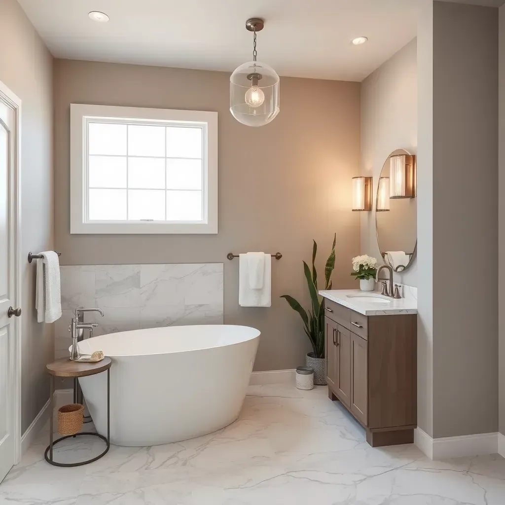 Modern bathroom remodel in Fort Worth, TX featuring a walk-in shower, stone vanity, natural light, and stylish design.