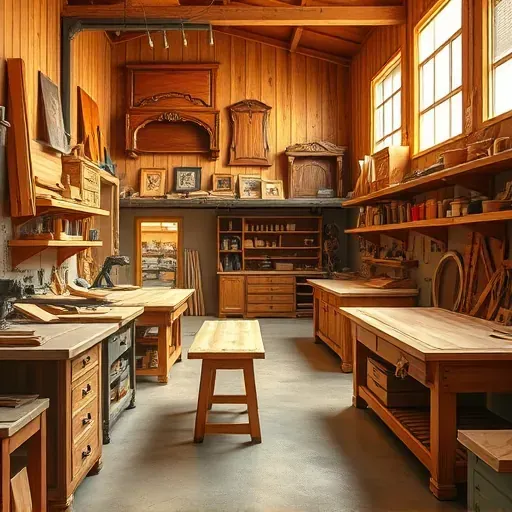 Interior of a Arlington Texas custom carpentry workshop with crafted wood furniture, tools, and organized workspaces