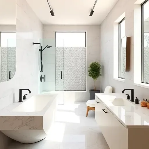 Remodeled Arlington TX bathroom with modern fixtures, freestanding tub, marble countertops, and natural light.