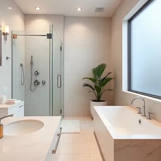 Remodeled bathroom in Colleyville, TX with glass shower, marble countertops, soaking tub, modern fixtures, and elegant decor.