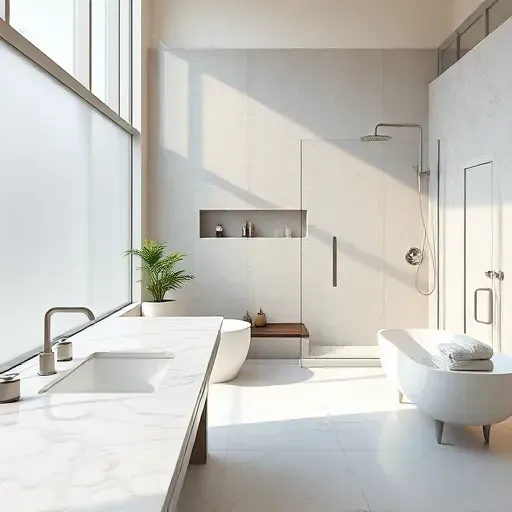 Modern remodeled Plano bathroom with marble countertops, freestanding tub, walk-in shower, and natural light.