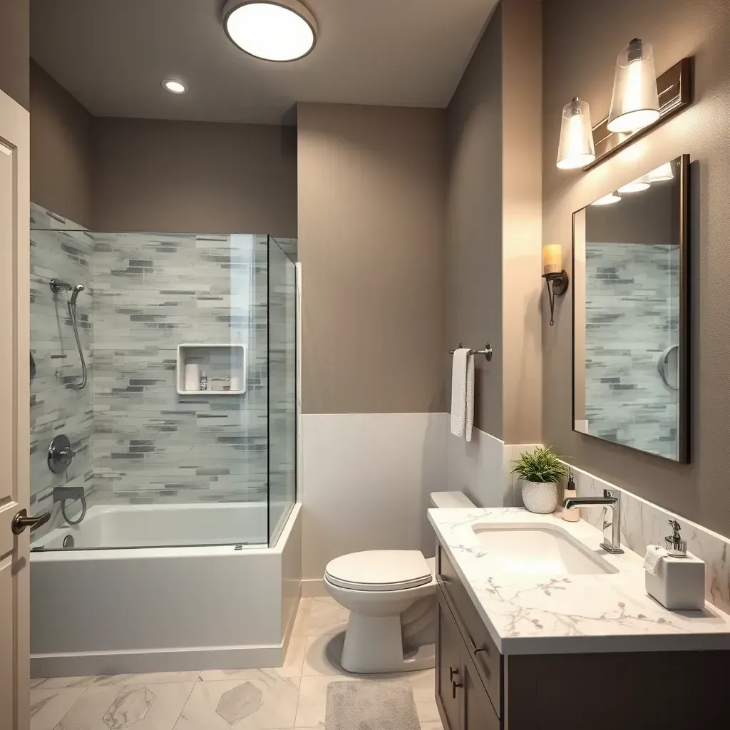 Modern bathroom in Richardson, TX featuring a glass-enclosed shower, floating vanity with dual sinks, soaking tub, and elegant neutral tones.