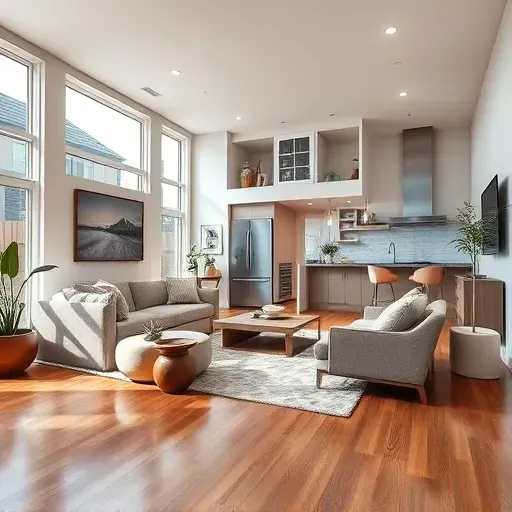 Modern renovated living room with hardwood floors, stylish decor, textured wall, large windows, and open-concept kitchen in Mansfield, TX.