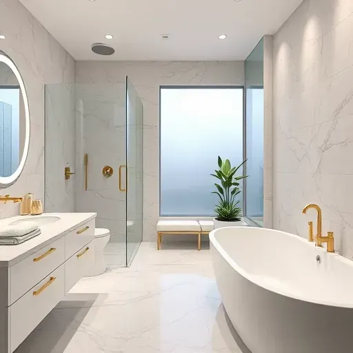 Beautiful remodeled Little Elm TX bathroom with marble countertops, glass shower, freestanding tub, and elegant gold accents