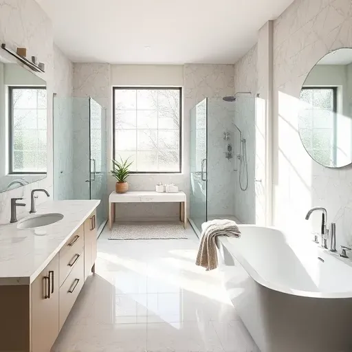 Completed modern bathroom in Fort Worth with marble countertops walk-in shower soaking tub neutral tiles natural light stylish decor