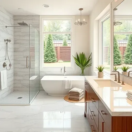 Remodeled Plano bathroom with modern fixtures, glass shower, freestanding tub, marble vanity, natural light, and landscaped view