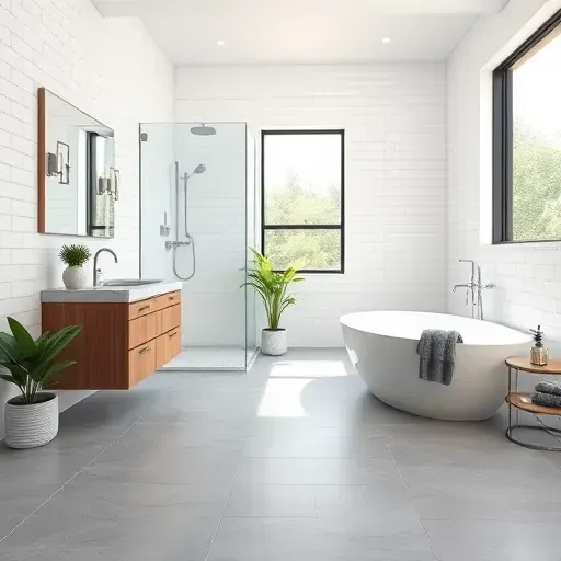 Remodeled Watauga, TX bathroom with white subway tiles, glass shower, freestanding tub, wooden vanity, and modern design.