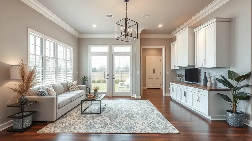 Renovated Carrollton, TX living room with hardwood floors, large windows, modern furniture, and a sleek open-concept kitchen.