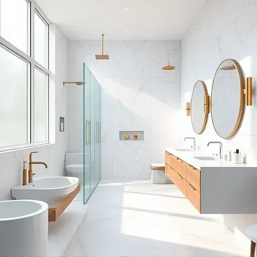 Freshly remodeled Mansfield TX bathroom features modern fixtures, spacious walk-in shower, elegant marble tiling, and floating vanity.