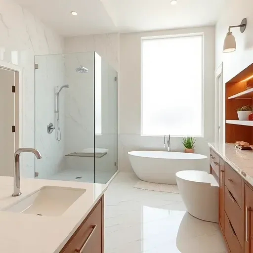 Freshly renovated bathroom in Watauga TX featuring marble countertops, glass shower, freestanding tub, and modern fixtures.