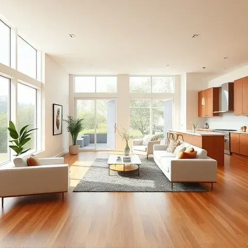 Recently renovated modern Highland Village home featuring bright living room, sleek furniture, hardwood floors, and scenic backyard.