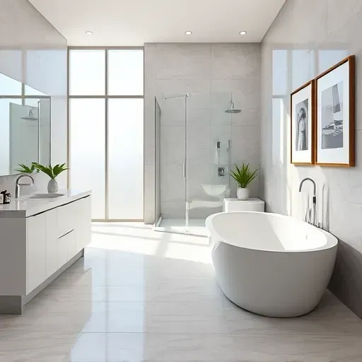 Remodeled Grand Prairie TX bathroom with frameless glass shower, marble counters, freestanding tub, modern fixtures, and natural light