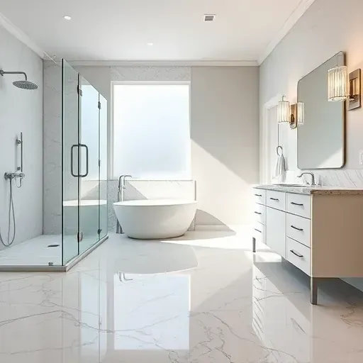 Remodeled North Richland Hills bathroom with marble floors, glass shower, freestanding tub, white cabinetry, and modern lighting