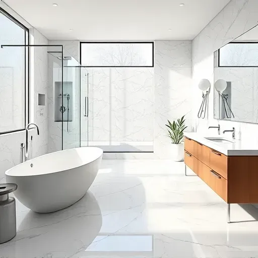 Renovated Irving bathroom with marble floors, chrome fixtures, freestanding tub, glass shower, and modern vanity.