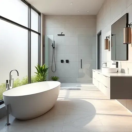 Modern Westlake, TX bathroom with a soaking tub, walk-in shower, quartz vanity, and stylish fixtures.