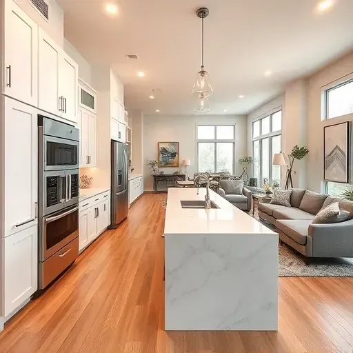 Modern kitchen remodeling in Flower Mound TX features custom cabinetry, marble countertops, and stainless steel appliances.