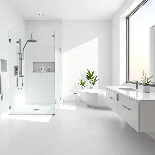 Newly remodeled modern bathroom in Euless, TX featuring sleek tile flooring, a glass shower, freestanding tub, and stylish vanity.