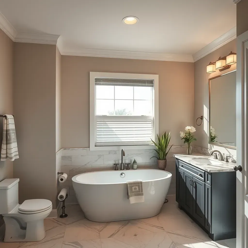 Beautiful modern bathroom remodel in Grand Prairie, TX with sleek fixtures and elegant design elements.