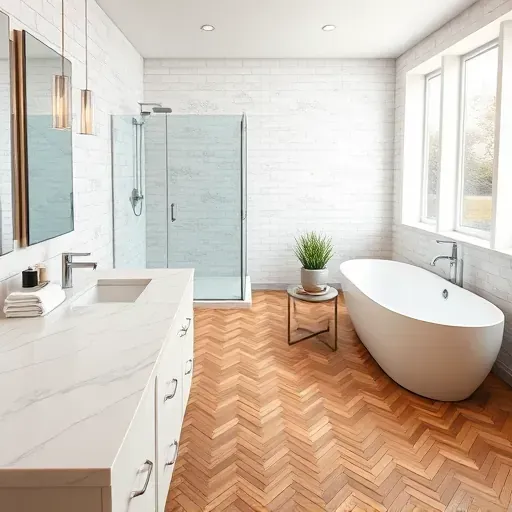 Modern Irving bathroom with marble countertops glass shower soaking tub subway tiles warm wood flooring bright natural light and luxurious details