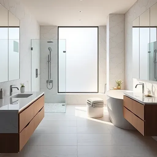 Renovated Richardson, TX bathroom with modern fixtures, walk-in shower, freestanding tub, marble counters, and natural light.