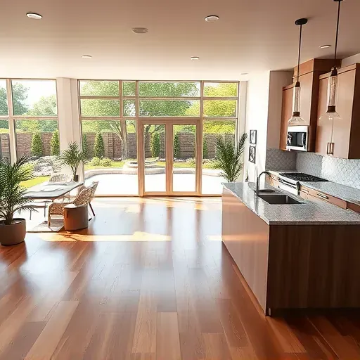 Modern Irving, TX living room with sleek furniture, large windows, hardwood floors, artwork, and open kitchen.