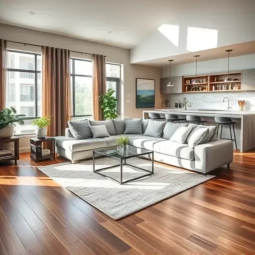 Modern living room with open floor plan in Trophy Club TX featuring hardwood floors, natural light, and elegant decor.