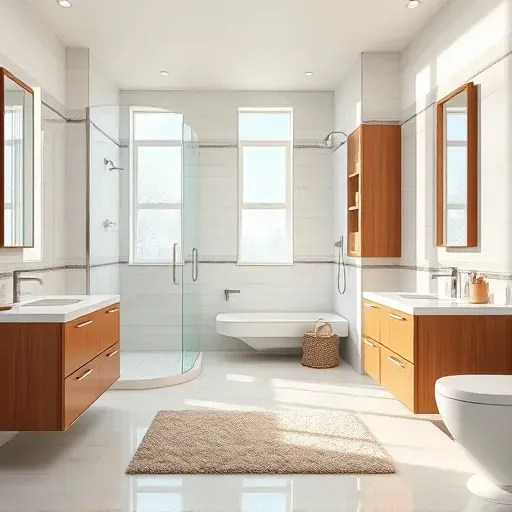 Bright modern bathroom with walk-in shower, marble countertops, warm wood cabinetry, natural light, and minimalist design