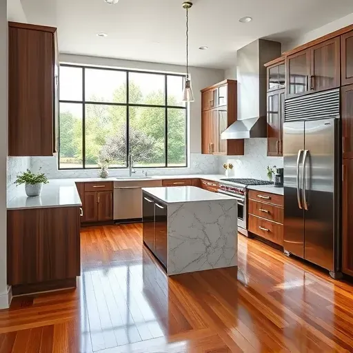 Contemporary Frisco TX kitchen remodel featuring marble countertops, walnut cabinetry, stainless steel appliances and natural light.