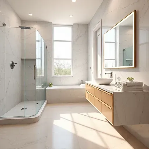 Renovated Watauga TX bathroom with marble countertops, walk-in glass shower, modern fixtures, LED mirror, and natural light