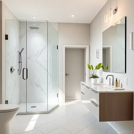 Remodeled Mansfield TX bathroom with walk-in shower, marble tiles, floating vanity, modern fixtures, and natural lighting