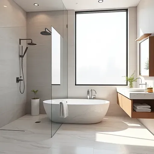 Recently renovated Arlington TX bathroom with modern walk-in shower, freestanding tub, and polished marble vanity.