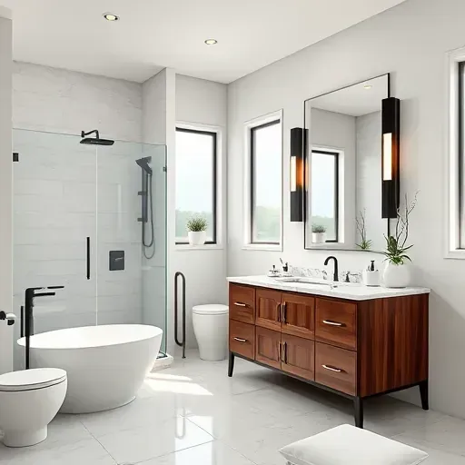 Remodeled bathroom in Haslet TX with walk-in shower, matte black fixtures, soaking tub, dark wood vanity, marble top, and modern design